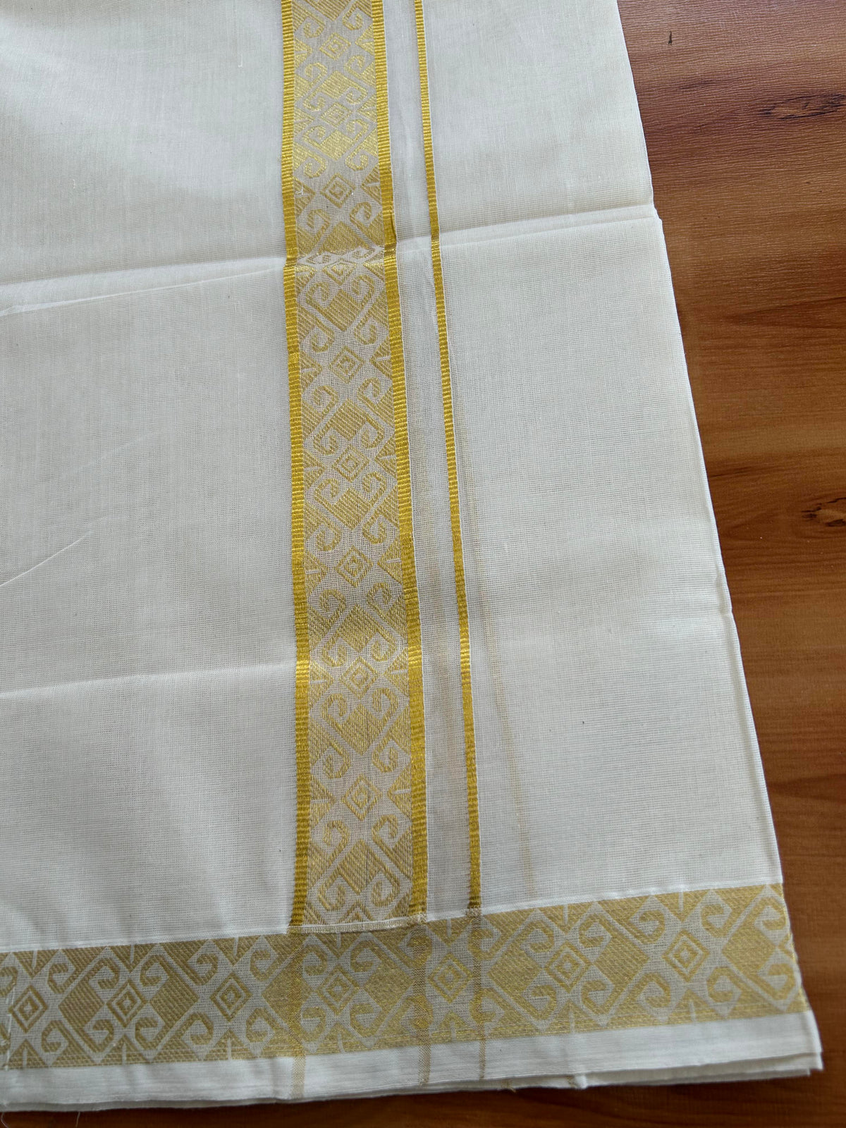 Double Off White (Unbleached) Mund/Dhoti - 20% Discount! KaithariKada Pulimood - Pure Cotton - 80s - 1.5 inch Gold Kasav Jacquard Design Kara 4 mtr (8.5 Muzham) - 3 KK5543 GAN