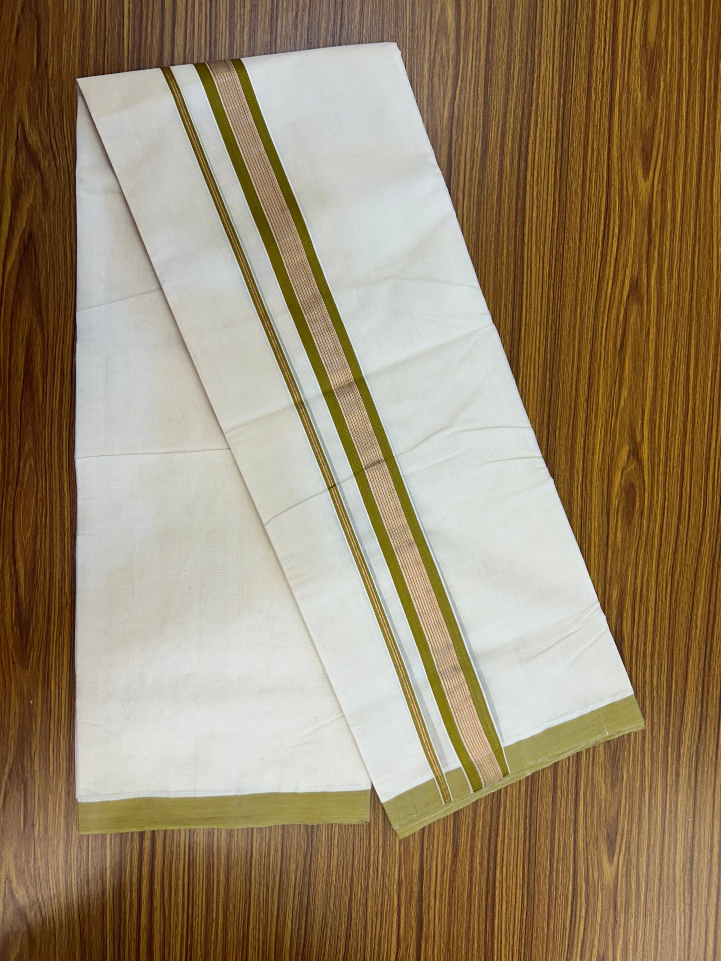 25% Discount ! KaithariKada Handloom Millpaav - Kerala Handloom - 100% Pure Cotton Off White (Unbleached) Double Mundu/Dothi - 80x90 - 1.5 inch Copper Kasav & Olive Brown Striped Kara 4 Meters (8.5 Muzham) - 5 KK5328 RAM