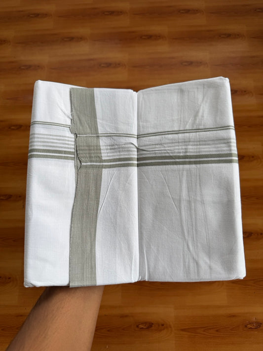 Pure White Double Mundu/Dhoti - 14% Discount ! Kaitharikada Pulimood 100% Cotton  - (40X40) - 1 inch Moss Green Striped Kara 4 mtr (8.5 muzham) - 8 KK5549 SKM