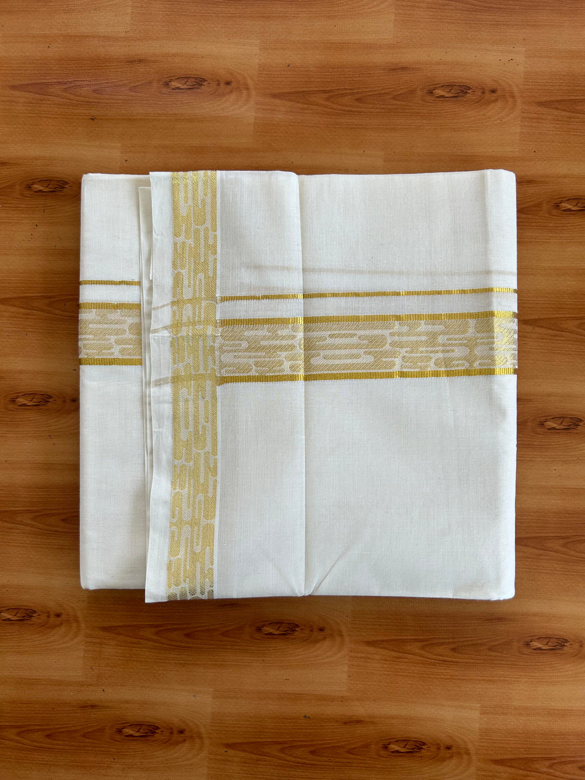 Double Off White (Unbleached) Mund/Dhoti - 20% Discount! KaithariKada Pulimood - Pure Cotton - 80s - 1.5 inch Gold Kasav Jacquard Design Kara 4 mtr (8.5 Muzham) - 2 KK5543 GAN