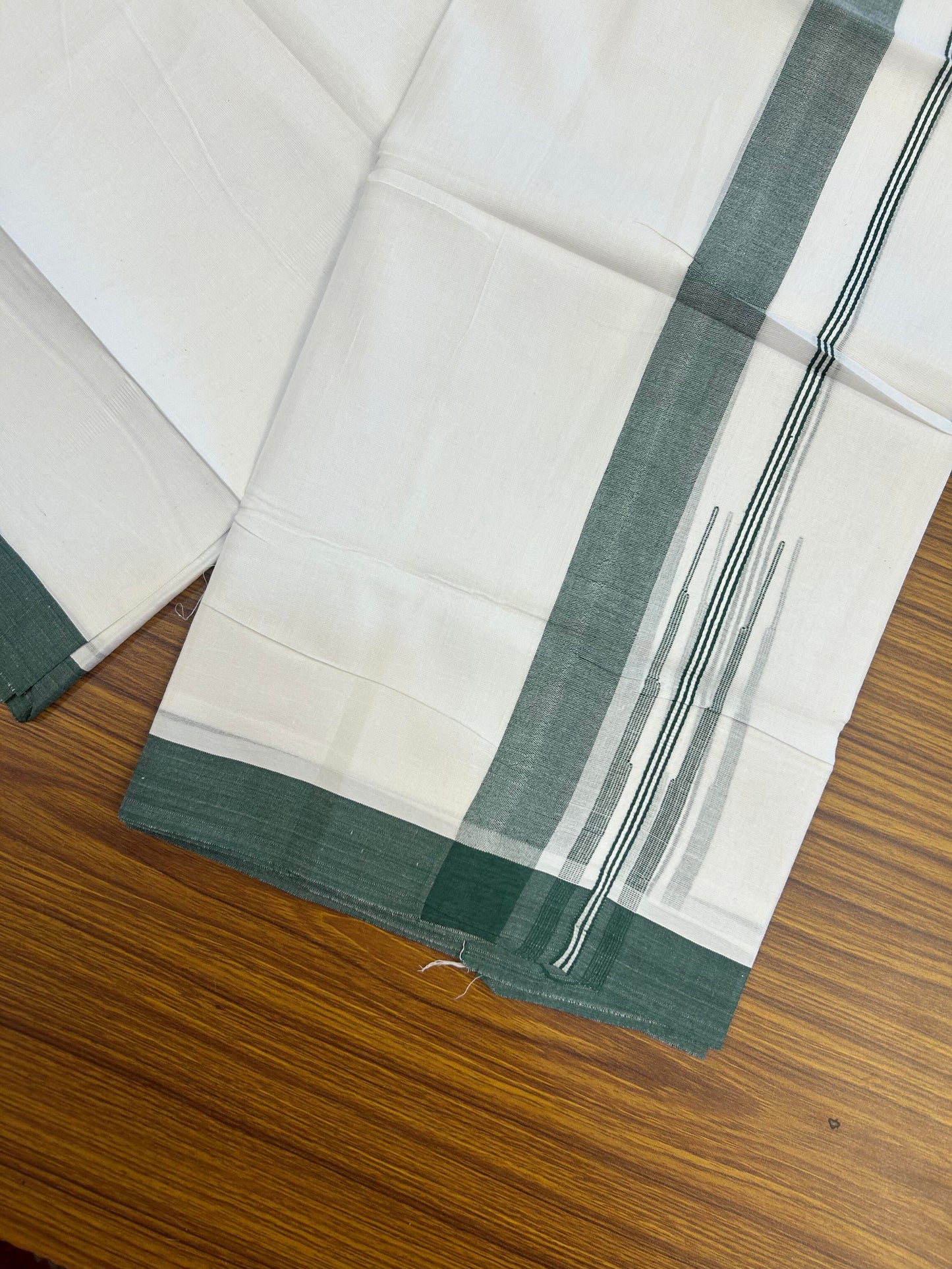 20% Discount! KaithariKada Balaramapuram 100% Cotton Double Pure white Mundu/Dhoti- 60s - 1.25 inch Green Shaded Stripes Chutty Kara - Between3.80-3.95m (8 muzham) - 49 KK5355 CKS