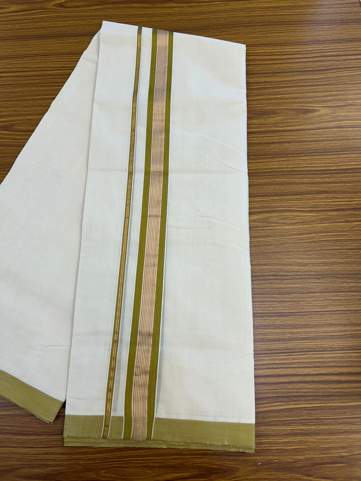 25% Discount ! KaithariKada Handloom Millpaav - Kerala Handloom - 100% Pure Cotton Off White (Unbleached) Double Mundu/Dothi - 80x90 - 1.5 inch Copper Kasav & Olive Brown Striped Kara 4 Meters (8.5 Muzham) - 5 KK5328 RAM