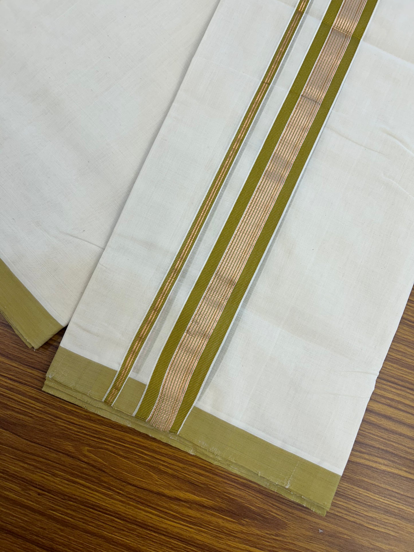 25% Discount ! KaithariKada Handloom Millpaav - Kerala Handloom - 100% Pure Cotton Off White (Unbleached) Double Mundu/Dothi - 80x90 - 1.5 inch Copper Kasav & Olive Brown Striped Kara 4 Meters (8.5 Muzham) - 5 KK5328 RAM