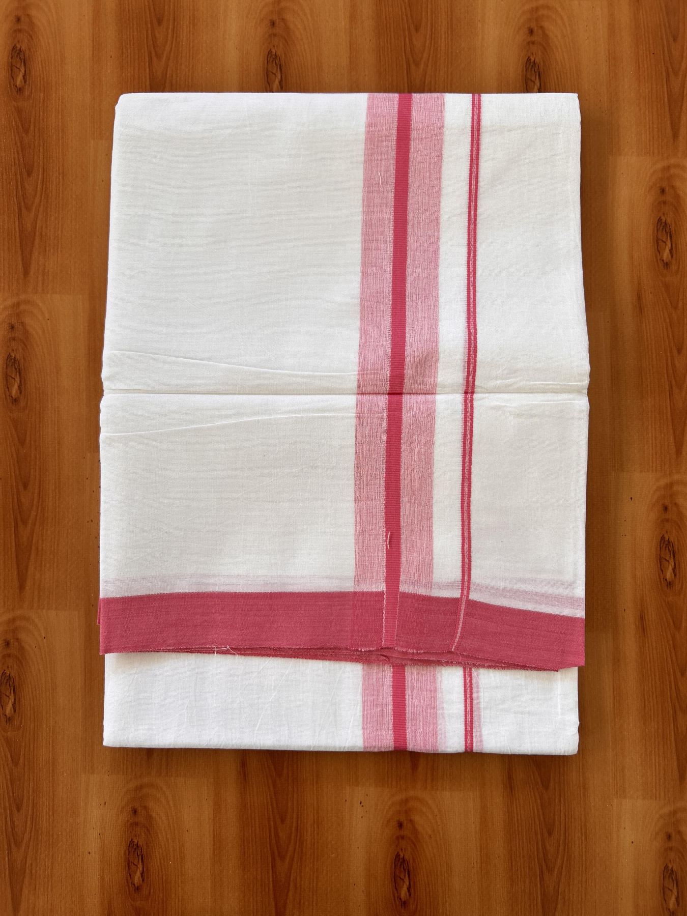 Double Pure White Mundu/Dhoti -20% Discount !! KaithariKada Balaramapuram 100% Cotton - 60s - 1.5 Inch Brick Pink Shaded Striped Kara - 3.85 mtr ( 8 muzham) - 1 KK5425 PMC