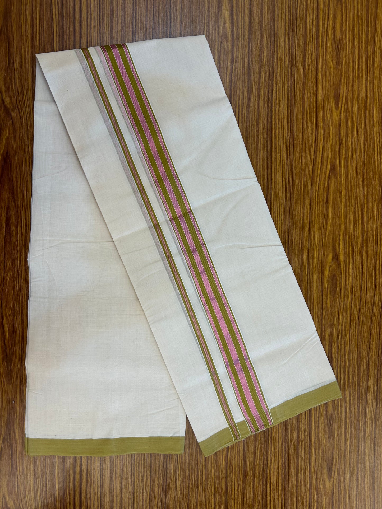 25% Discount ! KaithariKada Handloom Millpaav - Kerala Handloom - 100% Pure Cotton Off White (Unbleached) Double Mundu/Dothi - 80x90 - 1.5 inch Rose Pink Kasav & Olive Brown Striped Kara 4 Meters (8.5 Muzham) - 6 KK5328 RAM