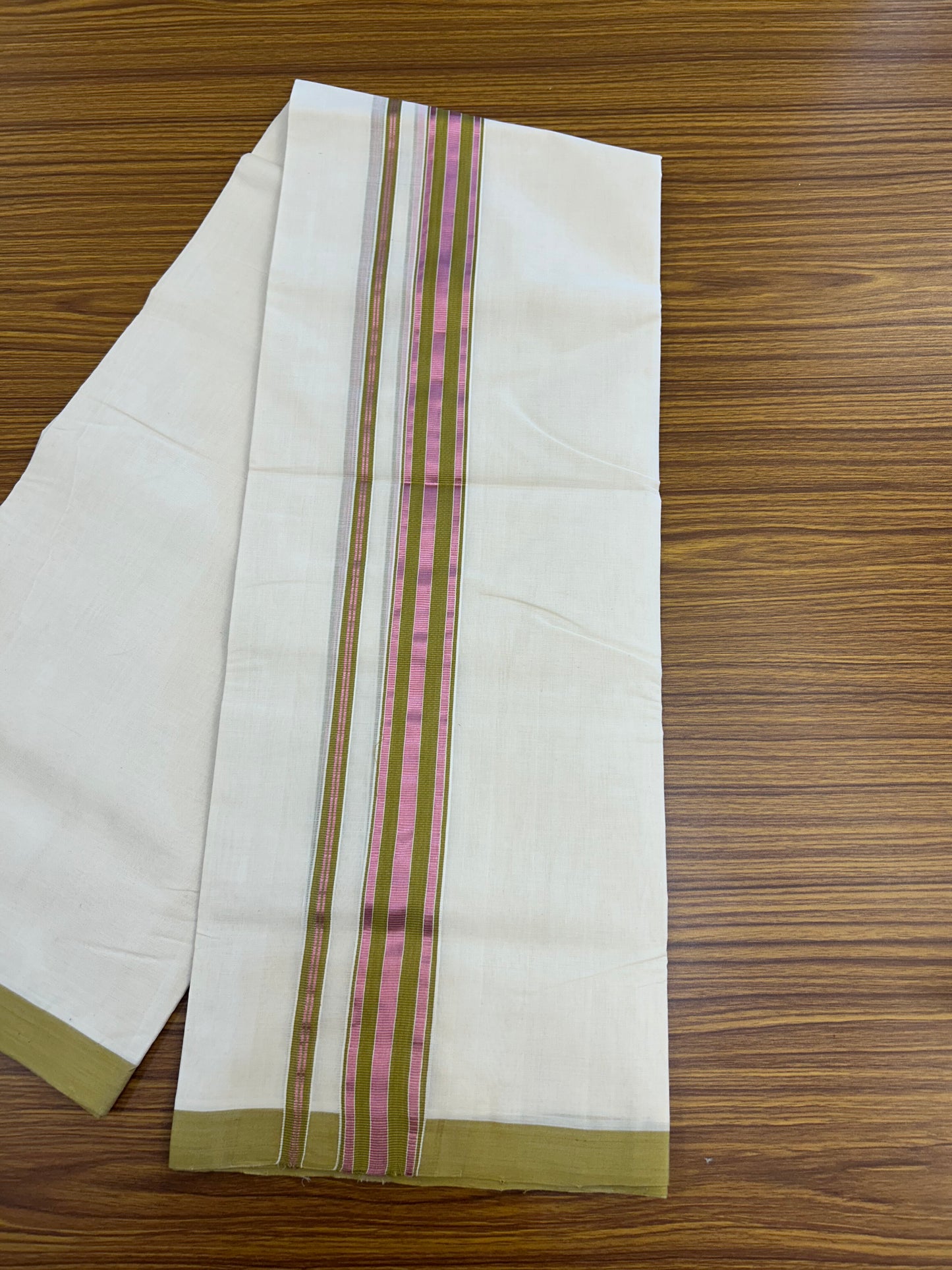 25% Discount ! KaithariKada Handloom Millpaav - Kerala Handloom - 100% Pure Cotton Off White (Unbleached) Double Mundu/Dothi - 80x90 - 1.5 inch Rose Pink Kasav & Olive Brown Striped Kara 4 Meters (8.5 Muzham) - 6 KK5328 RAM