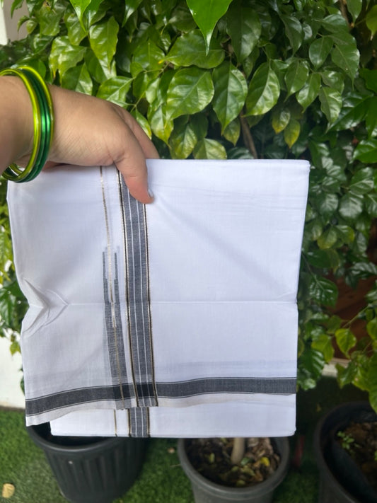 20% DISCOUNT!! Kaitharikada Balaramapuram 100% Pure Cotton PURE WHITE Double Mundu/Dothi - 100x80 - 0.75 Inch Black & Silver shaded Stripes Puliyilakkara Chutty - 53KK5217 CKS