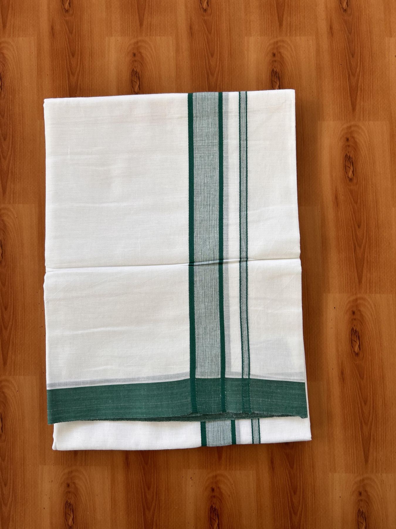Double Pure White Mundu/Dhoti -20% Discount !! KaithariKada Balaramapuram 100% Cotton - 60s - 1.25 Inch Dark Green Shaded Striped Kara - 3.85 mtr ( 8 muzham) - 2 KK5425 PMC