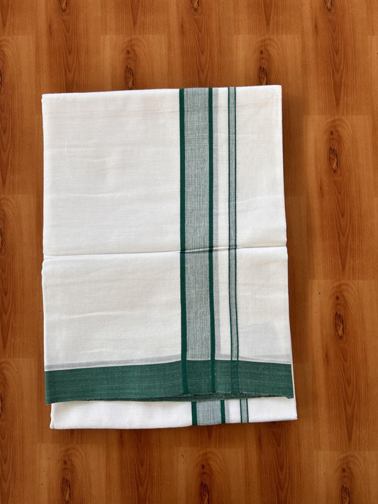 Double Pure White Mundu/Dhoti -20% Discount !! KaithariKada Balaramapuram 100% Cotton - 60s - 1.25 Inch Dark Green Shaded Striped Kara - 3.85 mtr ( 8 muzham) - 2 KK5425 PMC