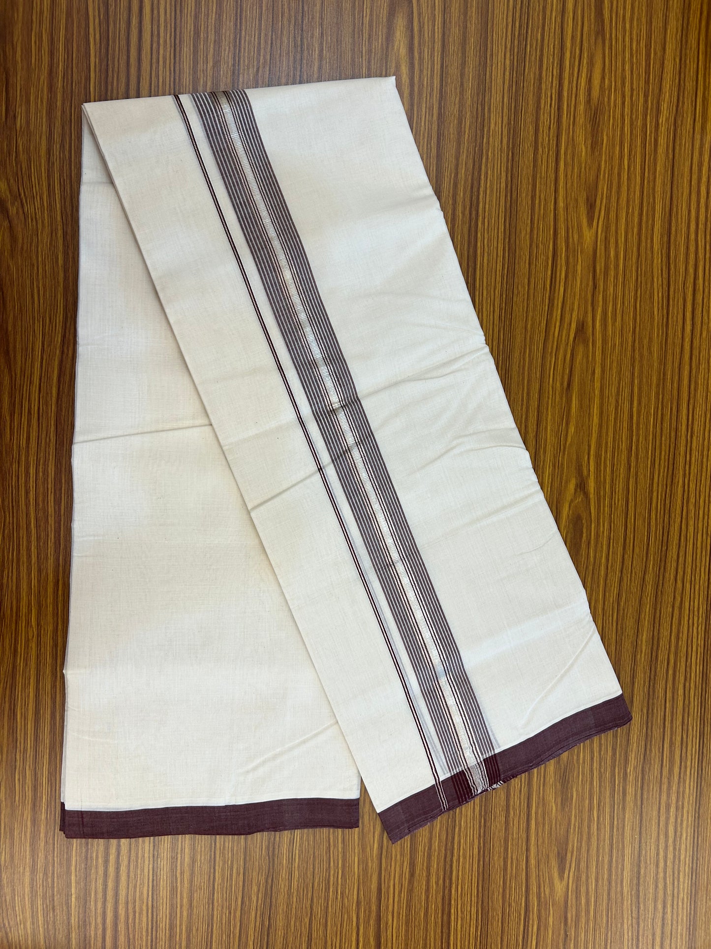 25% Discount ! KaithariKada Handloom Millpaav - Kerala Handloom - 100% Pure Cotton Off White (Unbleached) Double Mundu/Dothi - 80x90 - 1.75 inch Silver Kasav & Dark Brown Striped Kara 4 Meters (8.5 Muzham) - 7 KK5328 RAM