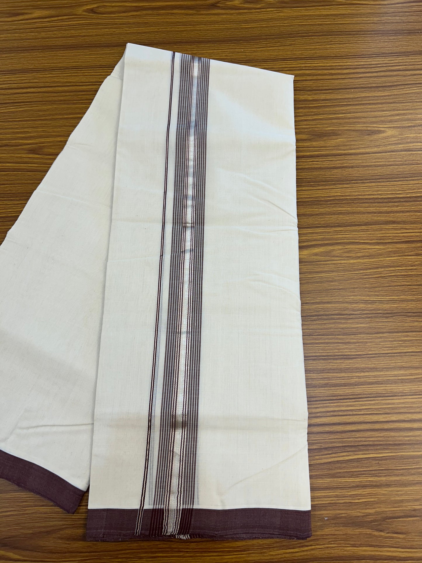 25% Discount ! KaithariKada Handloom Millpaav - Kerala Handloom - 100% Pure Cotton Off White (Unbleached) Double Mundu/Dothi - 80x90 - 1.75 inch Silver Kasav & Dark Brown Striped Kara 4 Meters (8.5 Muzham) - 7 KK5328 RAM