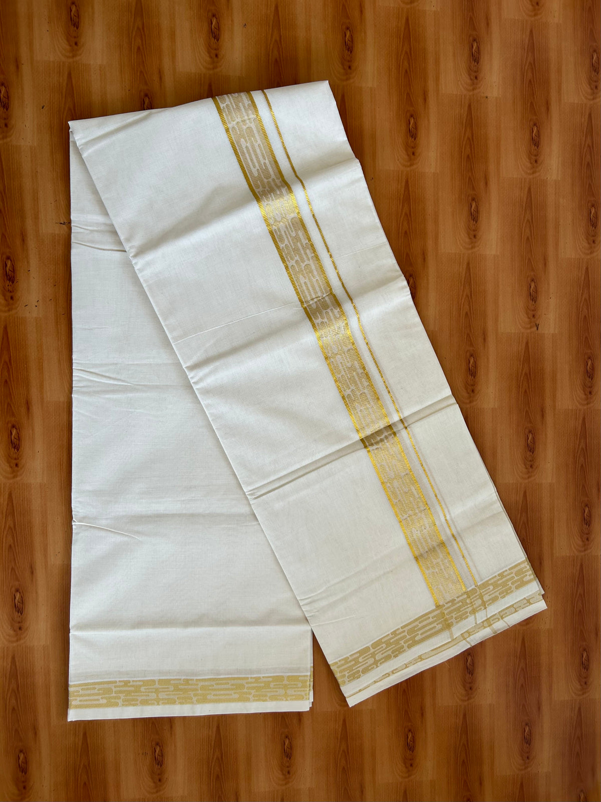 Double Off White (Unbleached) Mund/Dhoti - 20% Discount! KaithariKada Pulimood - Pure Cotton - 80s - 1.5 inch Gold Kasav Jacquard Design Kara 4 mtr (8.5 Muzham) - 2 KK5543 GAN