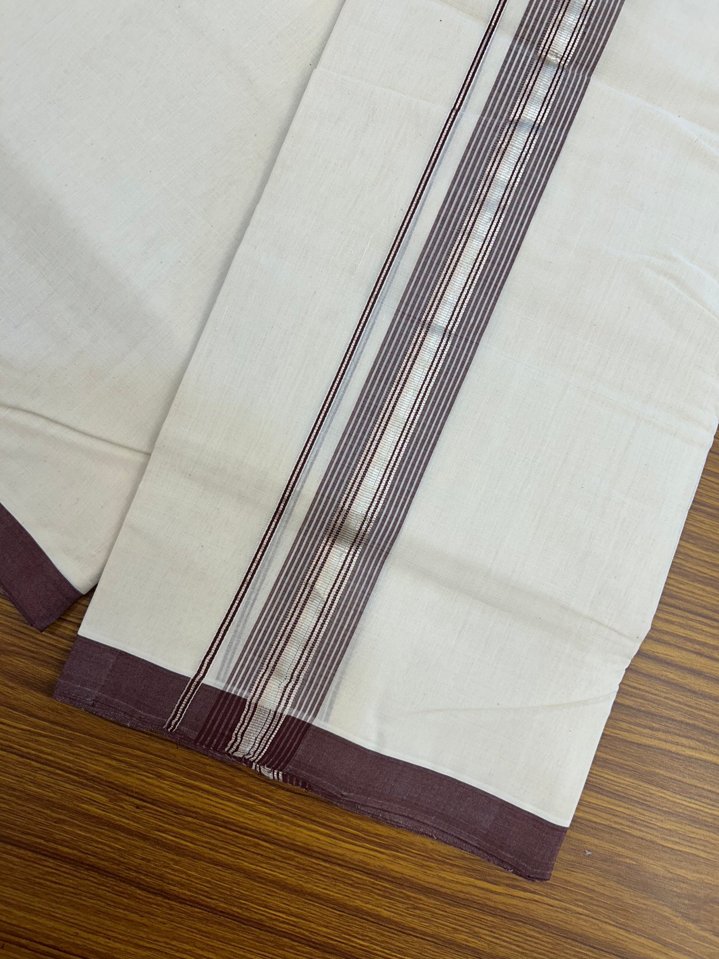 25% Discount ! KaithariKada Handloom Millpaav - Kerala Handloom - 100% Pure Cotton Off White (Unbleached) Double Mundu/Dothi - 80x90 - 1.75 inch Silver Kasav & Dark Brown Striped Kara 4 Meters (8.5 Muzham) - 7 KK5328 RAM