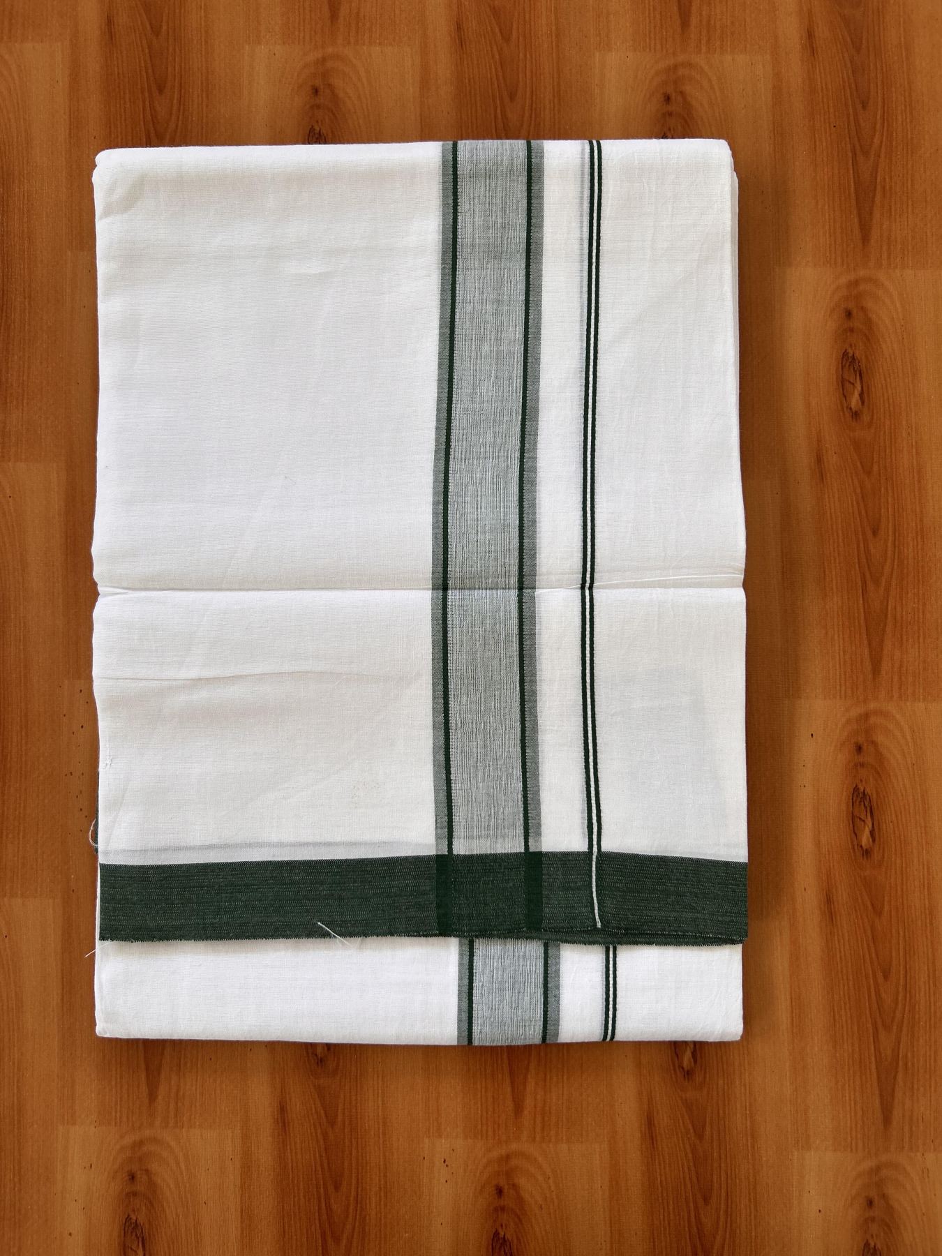 Double Pure White Mundu/Dhoti - 20% Discount !! KaithariKada Balaramapuram 100% Cotton - 60s - 1.5 Inch Dark Green Shaded Striped Kara - 3.85 mtr ( 8 muzham) - 4 KK5425 PMC