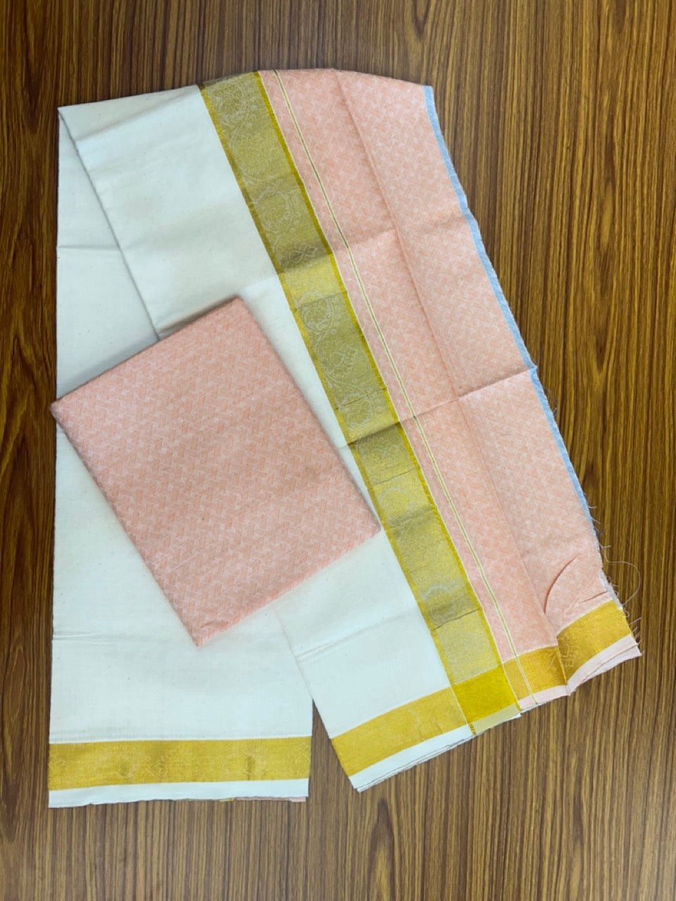 20% DISCOUNT ! KaithariKada Balaramapuram 100% Cotton Single Mundu/Dhoti (60)s - Gold Kasav jacquard Light Peach & Cream Colour Designer Shirt Material Combo - 1 KK7009 THI