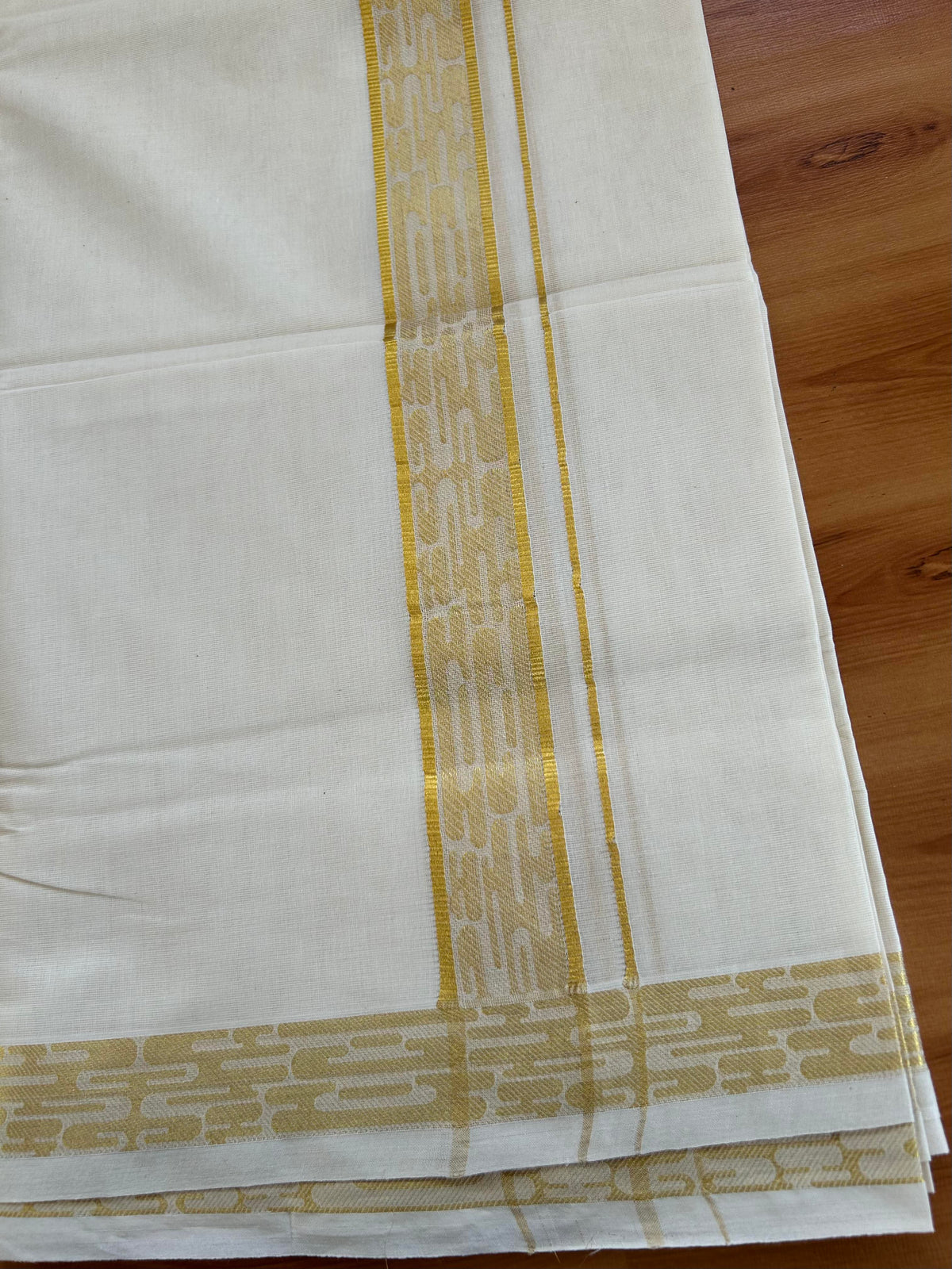 Double Off White (Unbleached) Mund/Dhoti - 20% Discount! KaithariKada Pulimood - Pure Cotton - 80s - 1.5 inch Gold Kasav Jacquard Design Kara 4 mtr (8.5 Muzham) - 2 KK5543 GAN