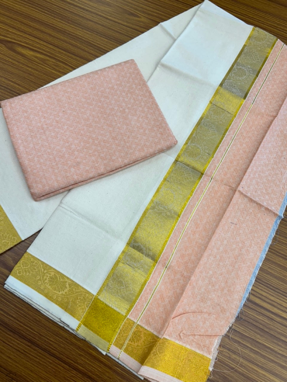 20% DISCOUNT ! KaithariKada Balaramapuram 100% Cotton Single Mundu/Dhoti (60)s - Gold Kasav jacquard Light Peach & Cream Colour Designer Shirt Material Combo - 1 KK7009 THI