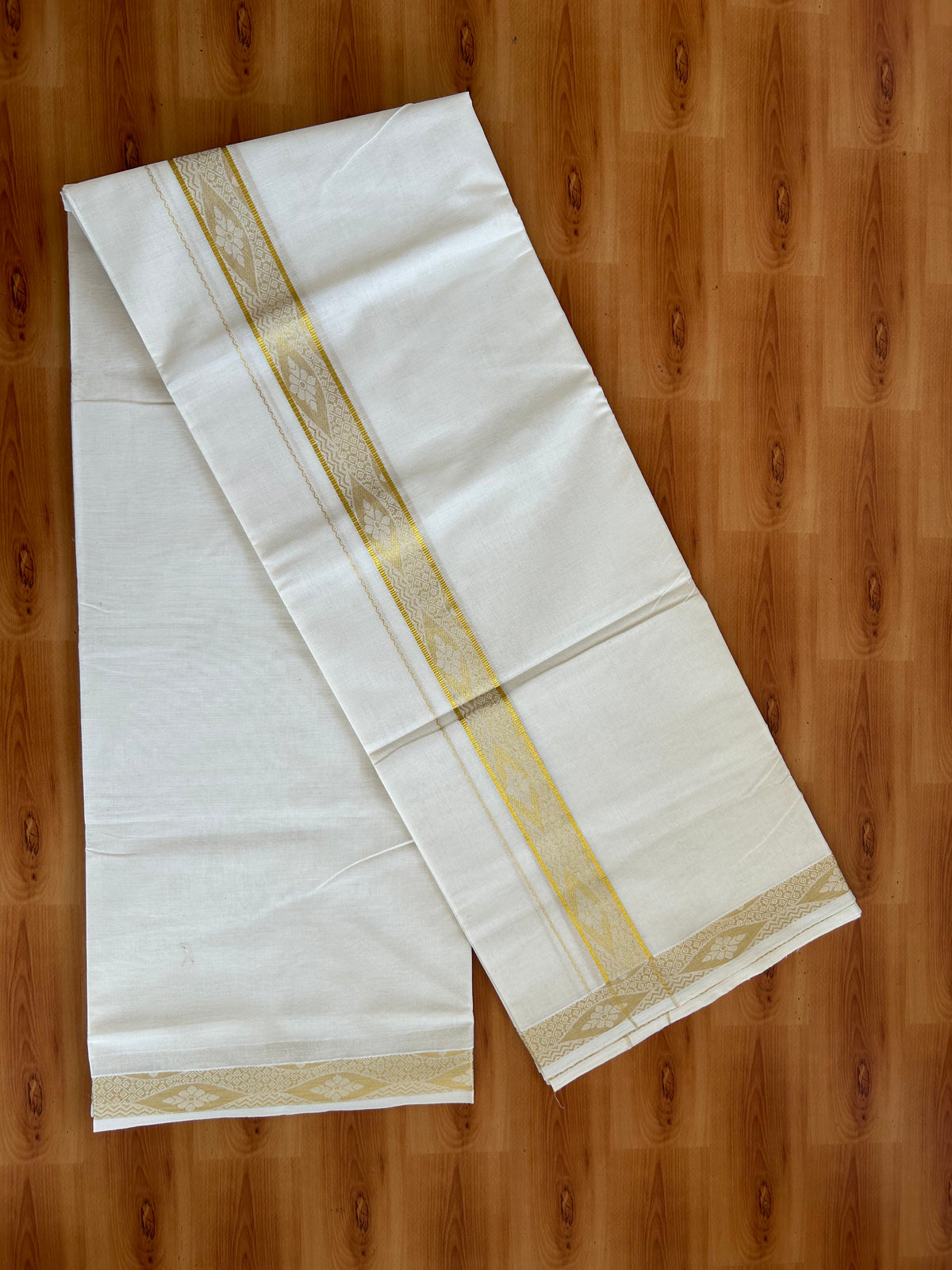 Double Off White (Unbleached) Mund/Dhoti - 20% Discount! KaithariKada Pulimood - Pure Cotton - 80s - 1.5 inch Gold Kasav Jacquard Design Kara 4 mtr (8.5 Muzham) - 1 KK5543 GAN