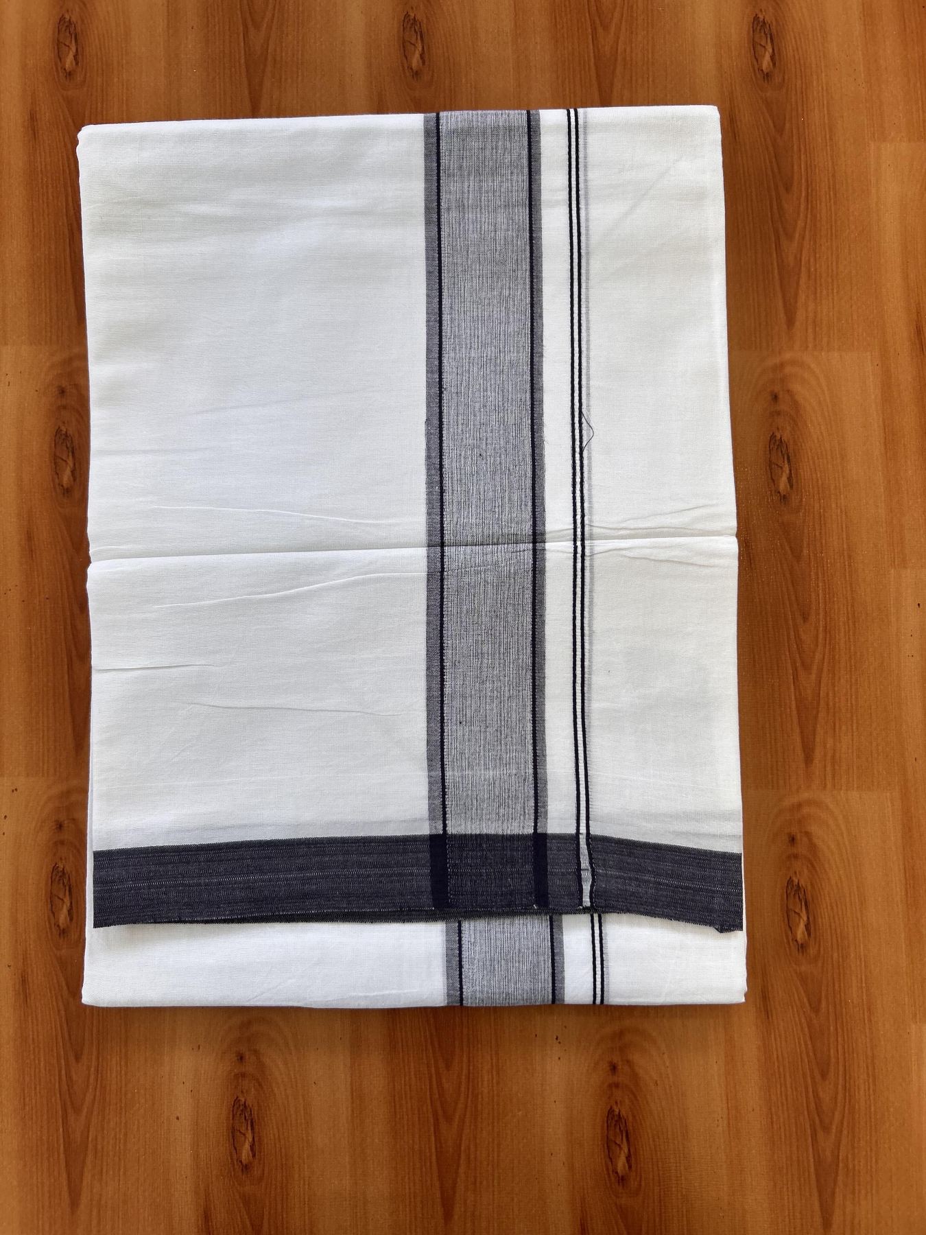 Double Pure White Mundu/Dhoti - 20% Discount !! KaithariKada Balaramapuram 100% Cotton - 60s - 1.5 Inch Navy Blue Shaded Striped Kara - 3.85 mtr ( 8 muzham) - 5 KK5425 PMC