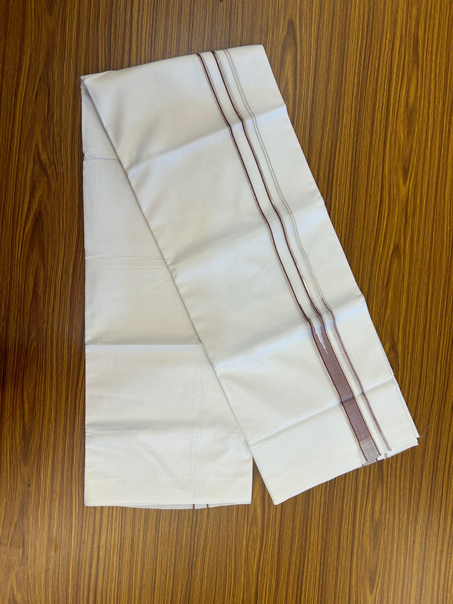 20% Discount! KaithariKada Balaramapuram 100% Cotton Double Pure white Mundu/Dhoti- 100X80 - 1.25 inch Maroon & Silver Kasav One Side Stripes Chutty Kara - Between3.80-3.95m (8 muzham) - 38 KK5355 CKS