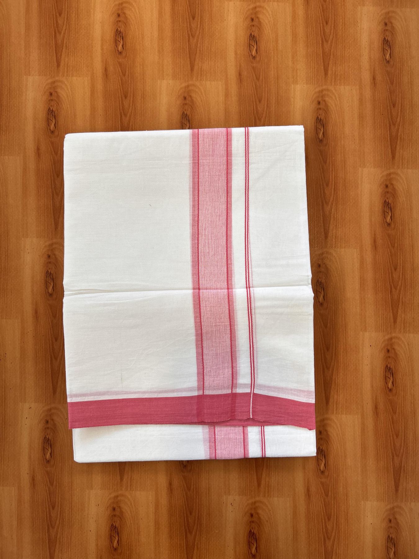 Double Pure White Mundu/Dhoti - 20% Discount !! KaithariKada Balaramapuram 100% Cotton - 60s - 1.5 Inch Rose Pink Shaded Striped Kara - 3.85 mtr ( 8 muzham) - 6 KK5425 PMC