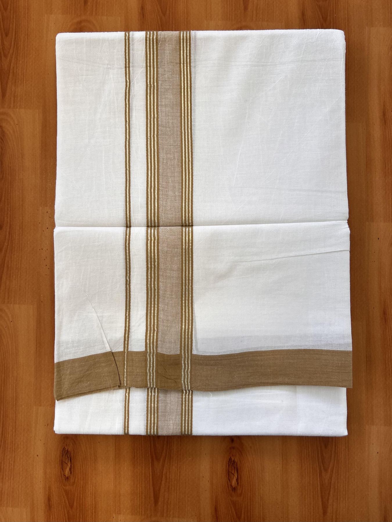 Double Pure White Mundu/Dhoti - 20% Discount !! KaithariKada Balaramapuram 100% Cotton - 60s - 1.5 Inch Peanut Brown Shaded Silver Kasav Striped Kara - 3.85 mtr ( 8 muzham) - 7 KK5425 PMC