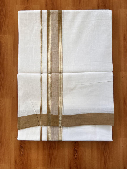 Double Pure White Mundu/Dhoti - 20% Discount !! KaithariKada Balaramapuram 100% Cotton - 60s - 1.5 Inch Peanut Brown Shaded Silver Kasav Striped Kara - 3.85 mtr ( 8 muzham) - 7 KK5425 PMC