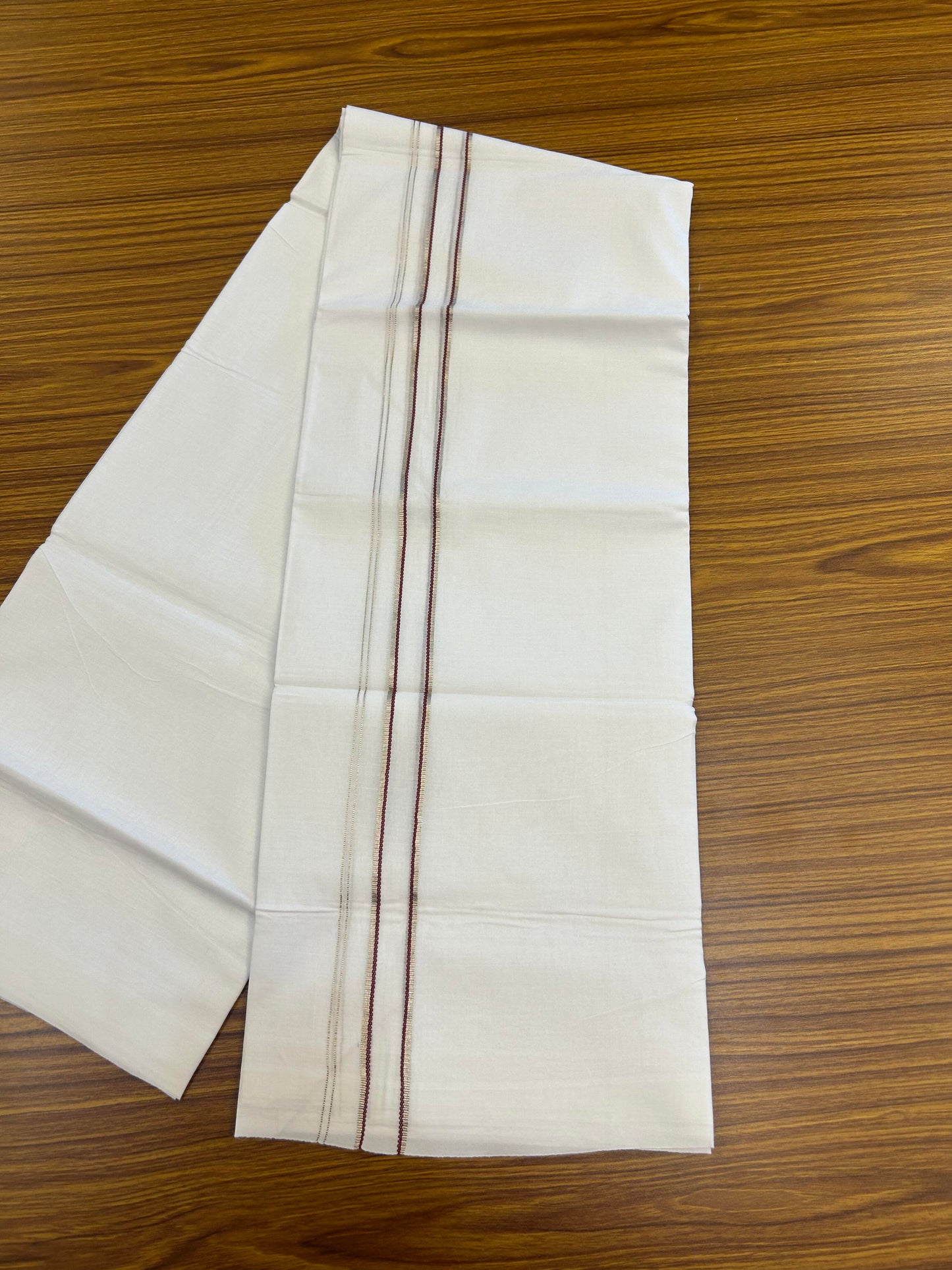 20% Discount! KaithariKada Balaramapuram 100% Cotton Double Pure white Mundu/Dhoti- 100X80 - 1.25 inch Maroon & Silver Kasav One Side Stripes Chutty Kara - Between3.80-3.95m (8 muzham) - 38 KK5355 CKS