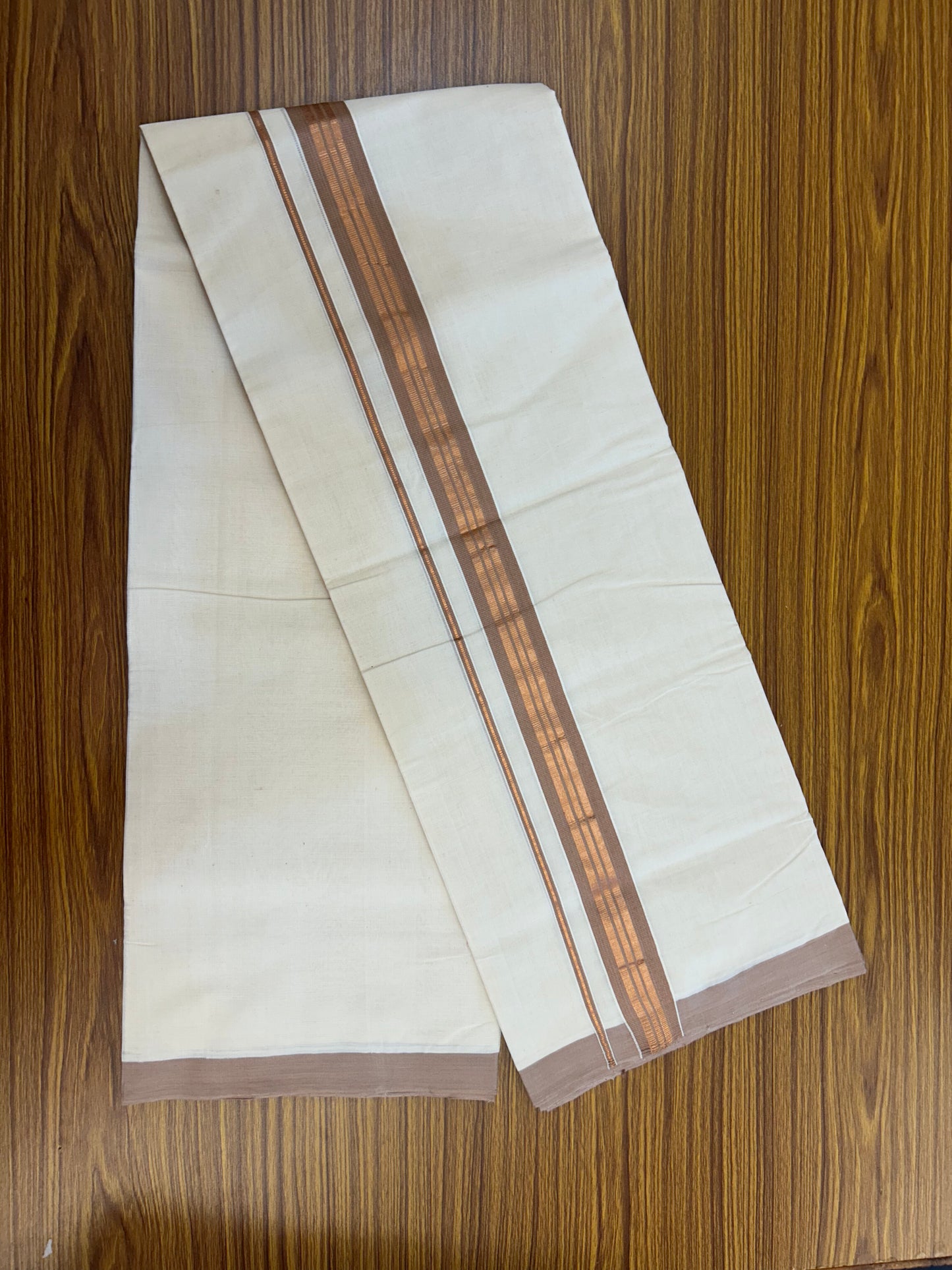 25% Discount ! KaithariKada Handloom Millpaav - Kerala Handloom - 100% Pure Cotton Off White (Unbleached) Double Mundu/Dothi - 80x90 - 1.5 inch Copper Kasav & Dusty Rose Striped Kara 4 Meters (8.5 Muzham) - 10 KK5328 RAM