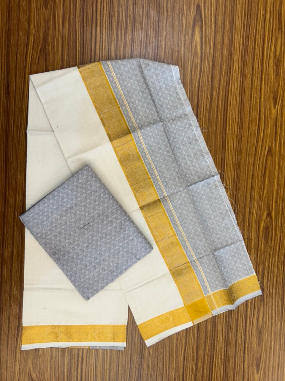 20% DISCOUNT ! KaithariKada Balaramapuram 100% Cotton Single Mundu/Dhoti (60)s - Gold Kasav jacquard Light Ash Grey & Cream Colour Shirt Material Combo - 4 KK7009 THI