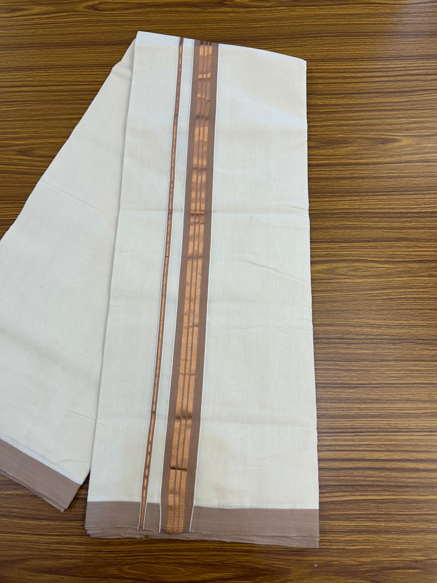 25% Discount ! KaithariKada Handloom Millpaav - Kerala Handloom - 100% Pure Cotton Off White (Unbleached) Double Mundu/Dothi - 80x90 - 1.5 inch Copper Kasav & Dusty Rose Striped Kara 4 Meters (8.5 Muzham) - 10 KK5328 RAM