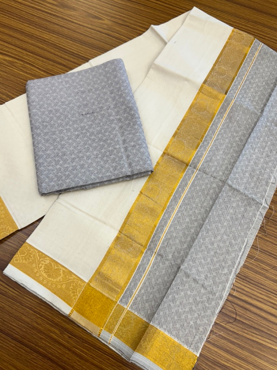 20% DISCOUNT ! KaithariKada Balaramapuram 100% Cotton Single Mundu/Dhoti (60)s - Gold Kasav jacquard Light Ash Grey & Cream Colour Shirt Material Combo - 4 KK7009 THI