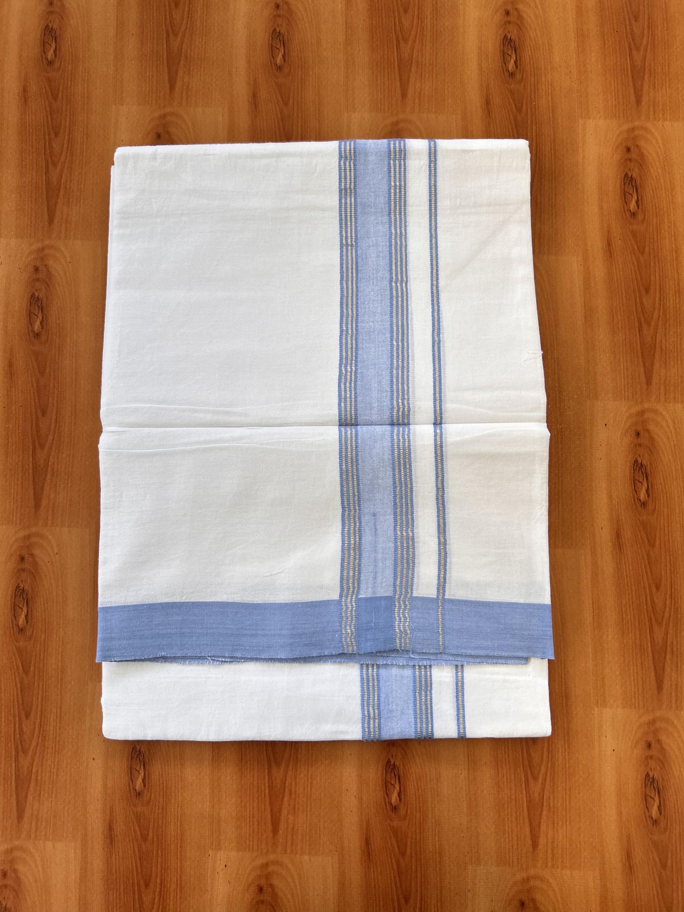 Double Pure White Mundu/Dhoti - 20% Discount !! KaithariKada Balaramapuram 100% Cotton - 60s - 1.5 Inch Light Blue Shaded Silver Kasav Striped Kara - 3.85 mtr ( 8 muzham) - 8 KK5425 PMC