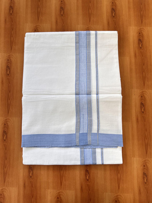 Double Pure White Mundu/Dhoti - 20% Discount !! KaithariKada Balaramapuram 100% Cotton - 60s - 1.5 Inch Light Blue Shaded Silver Kasav Striped Kara - 3.85 mtr ( 8 muzham) - 8 KK5425 PMC