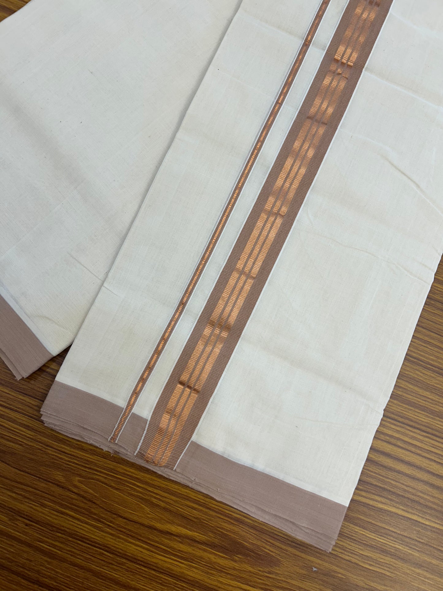 25% Discount ! KaithariKada Handloom Millpaav - Kerala Handloom - 100% Pure Cotton Off White (Unbleached) Double Mundu/Dothi - 80x90 - 1.5 inch Copper Kasav & Dusty Rose Striped Kara 4 Meters (8.5 Muzham) - 10 KK5328 RAM