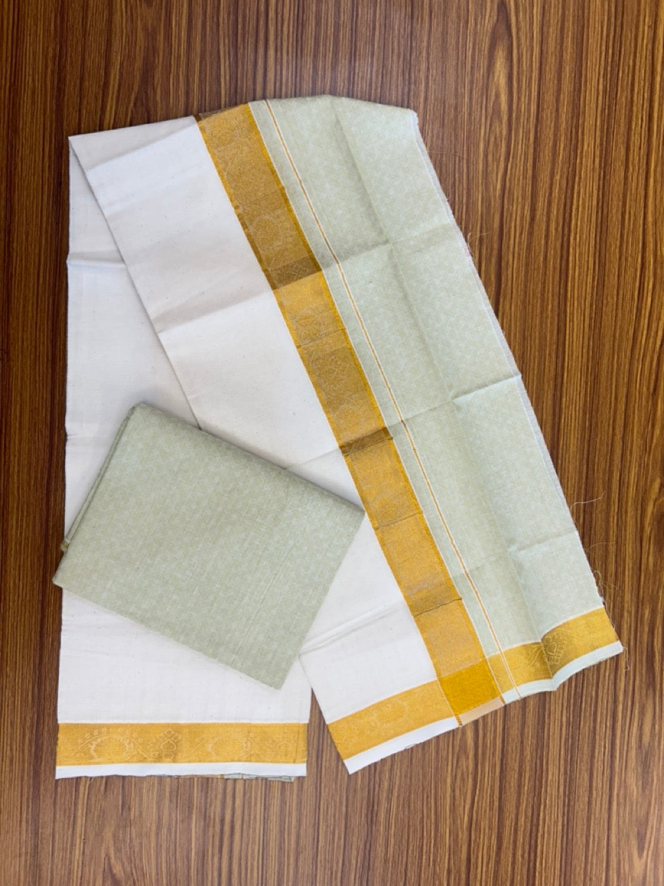 20% DISCOUNT ! KaithariKada Balaramapuram 100% Cotton Single Mundu/Dhoti (60)s - Gold Kasav jacquard Light Mustard Green & Cream Colour Shirt Material Combo - 5 KK7009 THI
