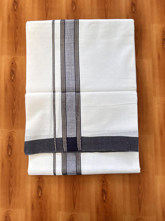 Double Pure White Mundu/Dhoti - 20% Discount !! KaithariKada Balaramapuram 100% Cotton - 60s - 1.5 Inch Navy Blue Shaded Silver Kasav Striped Kara - 3.85 mtr ( 8 muzham) - 9 KK5425 PMC