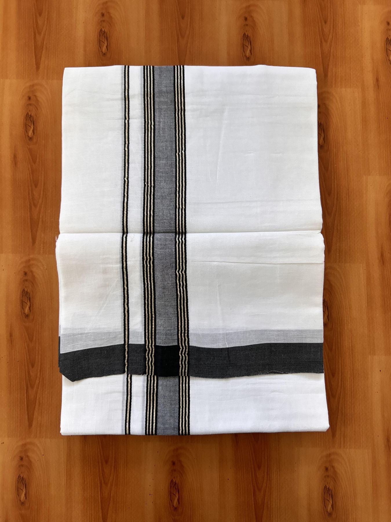 Double Pure White Mundu/Dhoti - 20% Discount !! KaithariKada Balaramapuram 100% Cotton - 60s - 1.5 Inch Black Shaded Silver Kasav Striped Kara - 3.85 mtr ( 8 muzham) - 10 KK5425 PMC