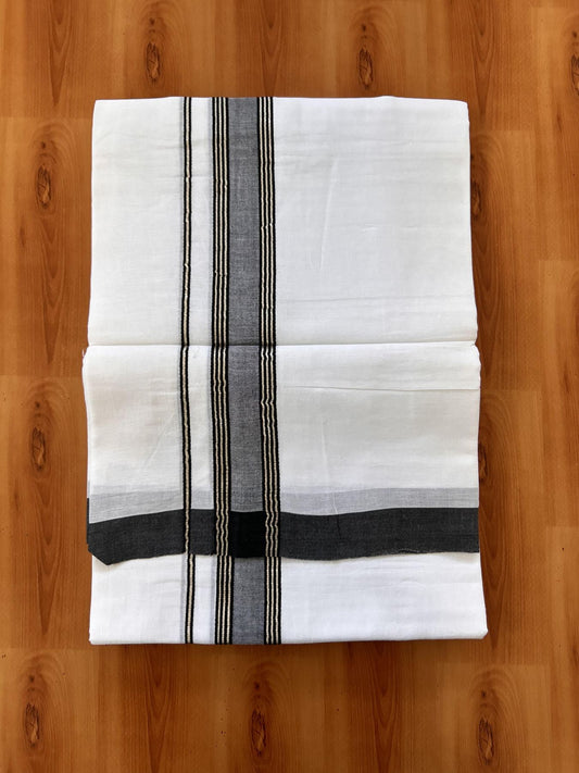 Double Pure White Mundu/Dhoti - 20% Discount !! KaithariKada Balaramapuram 100% Cotton - 60s - 1.5 Inch Black Shaded Silver Kasav Striped Kara - 3.85 mtr ( 8 muzham) - 10 KK5425 PMC