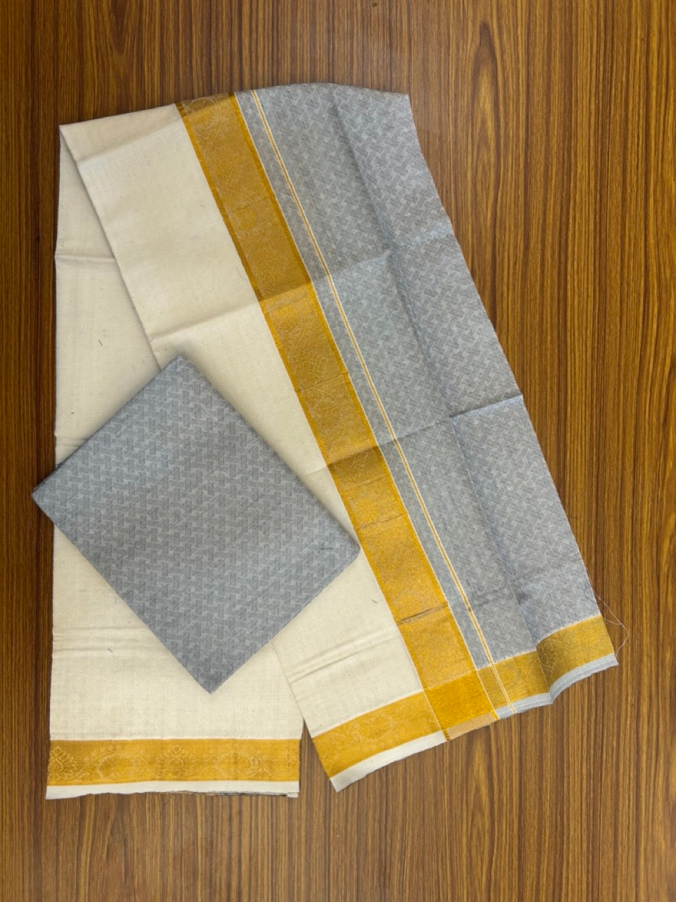 20% DISCOUNT ! KaithariKada Balaramapuram 100% Cotton Single Mundu/Dhoti (60)s - Gold Kasav jacquard Ash & Cream Colour Shirt Material Combo - 6 KK7009 THI