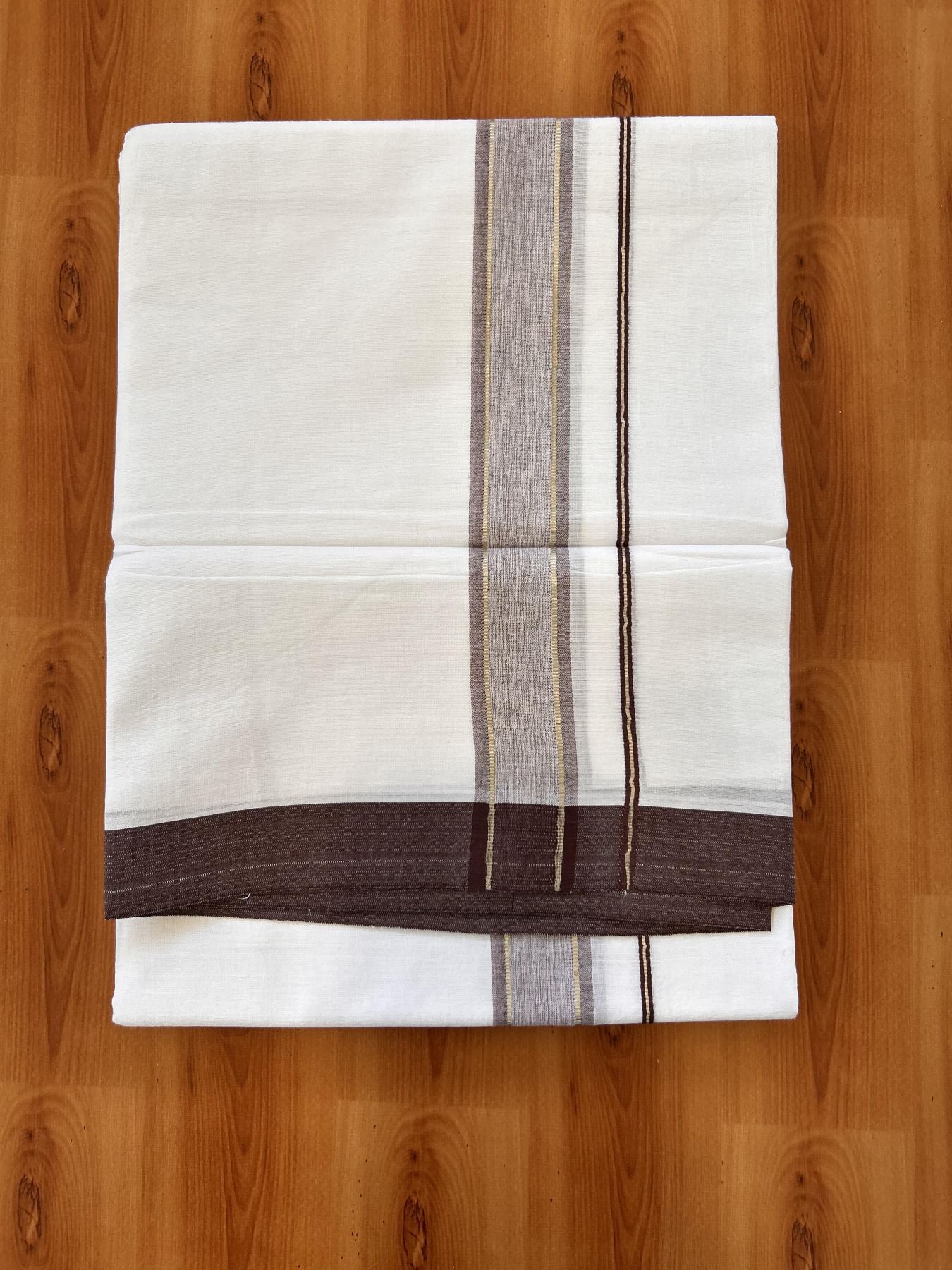 Double Pure White Mundu/Dhoti - 20% Discount !! KaithariKada Balaramapuram 100% Cotton - 60s - 1.5 Inch Brown Shaded Silver Kasav Striped Kara - 3.85 mtr ( 8 muzham) - 11 KK5425 PMC