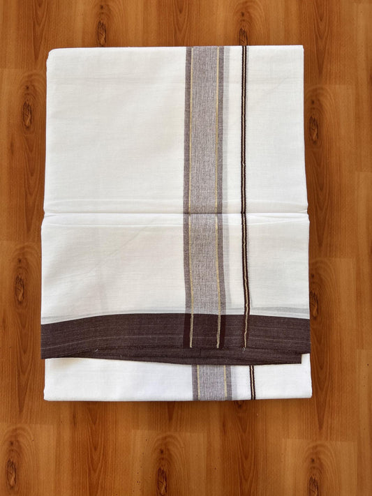 Double Pure White Mundu/Dhoti - 20% Discount !! KaithariKada Balaramapuram 100% Cotton - 60s - 1.5 Inch Brown Shaded Silver Kasav Striped Kara - 3.85 mtr ( 8 muzham) - 11 KK5425 PMC