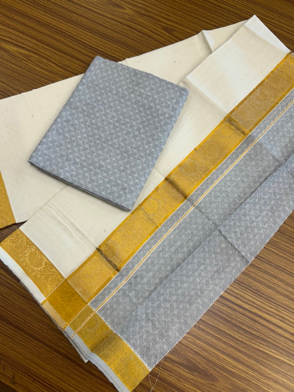 20% DISCOUNT ! KaithariKada Balaramapuram 100% Cotton Single Mundu/Dhoti (60)s - Gold Kasav jacquard Ash & Cream Colour Shirt Material Combo - 6 KK7009 THI