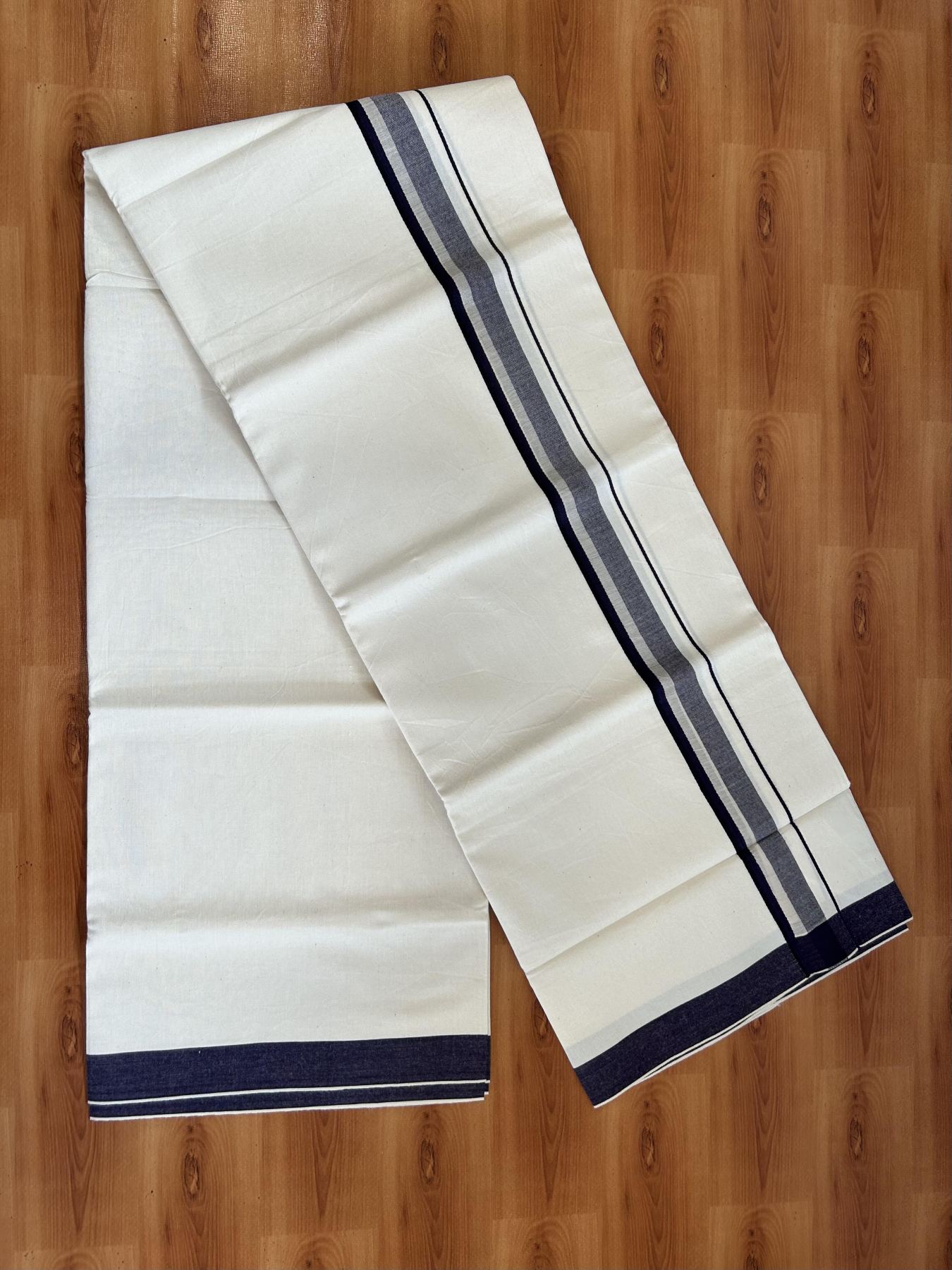 Single Mundu/Dhoti - Off White (Unbleached) 29% Discount !! KaithariKada Balaramapuram 100% Cotton Twisted 60s Thread - 1 Inch Silver Kasav & Black & Dark Violet Shaded Kara (2 meter /4 muzham) - 9 KK5393 GL