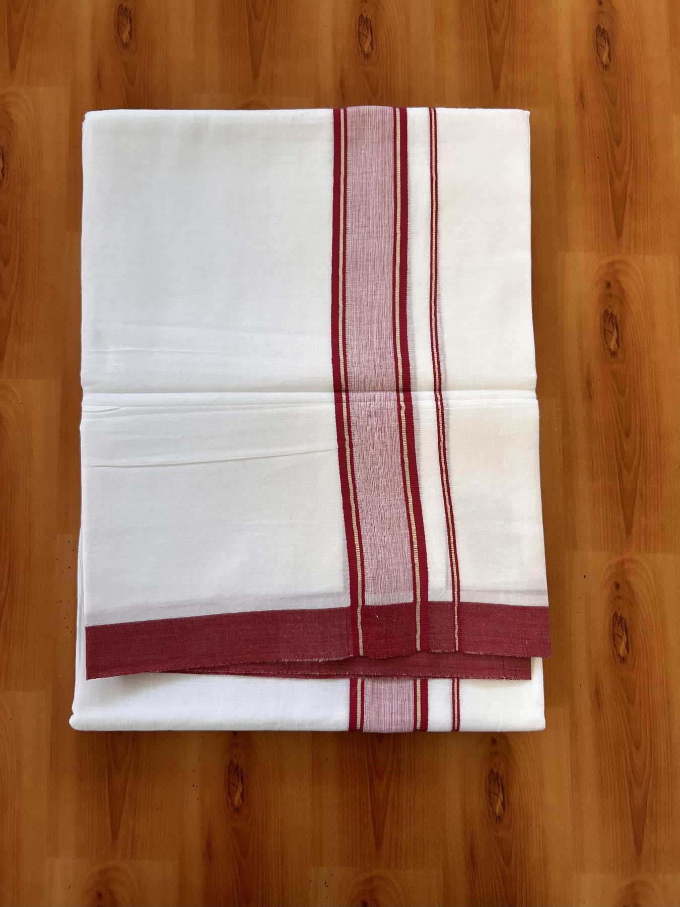 Double Pure White Mundu/Dhoti - 20% Discount !! KaithariKada Balaramapuram 100% Cotton - 60s - 1.5 Inch Maroon Red Shaded Silver Kasav Striped Kara - 3.85 mtr ( 8 muzham) - 12 KK5425 PMC