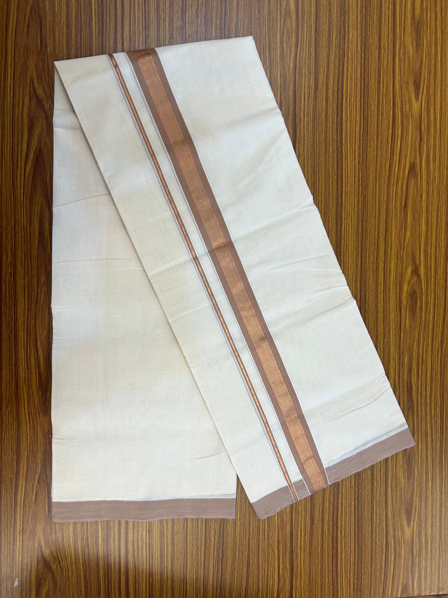 25% Discount ! KaithariKada Handloom Millpaav Balaramapuram - 100% Pure Cotton Off White (Unbleached) Double Mundu/Dothi - 80x90 - 1.5 inch Copper Kasav & Dusty Rose Striped Kara 4 Meters (8.5 Muzham) - 12 KK5328 RAM