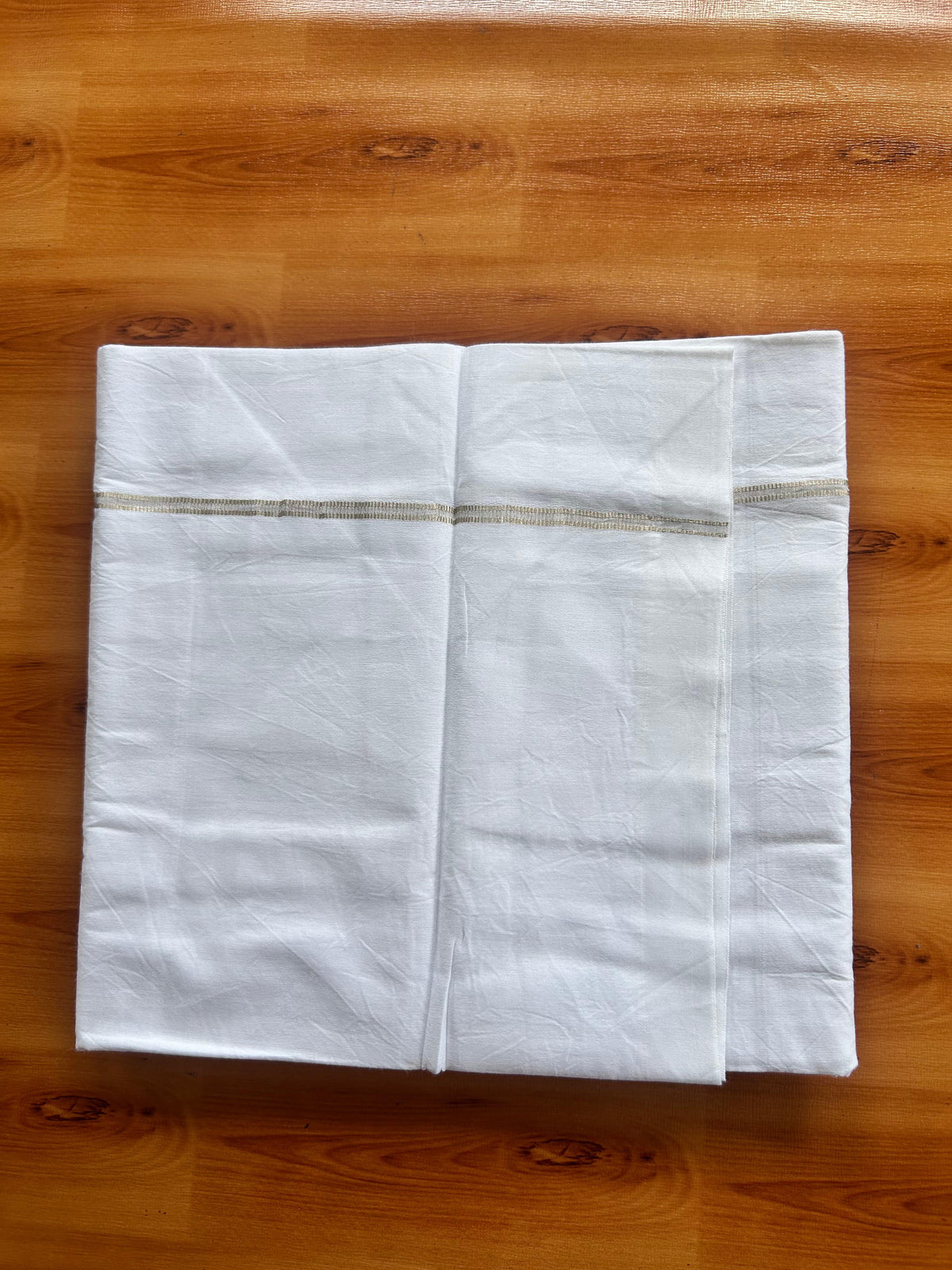 Single Mundu/Dhoti  - Pure White - KaithariKada Balaramapuram 100% Cotton - Twisted 60s Thread - 0.5 cm  Silver Kasav Shaded Striped Kara (2 meter / 4 muzham) - 1 KK5495 GL