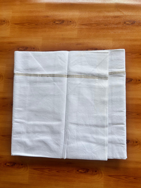 Single Mundu/Dhoti  - Pure White - KaithariKada Balaramapuram 100% Cotton - Twisted 60s Thread - 0.5 cm  Silver Kasav Shaded Striped Kara (2 meter / 4 muzham) - 1 KK5495 GL