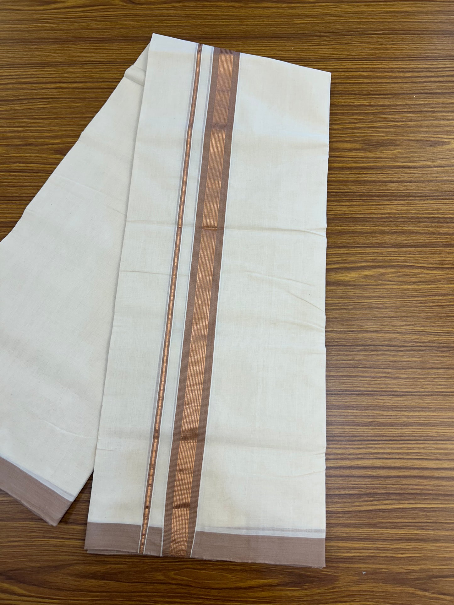 25% Discount ! KaithariKada Handloom Millpaav Balaramapuram - 100% Pure Cotton Off White (Unbleached) Double Mundu/Dothi - 80x90 - 1.5 inch Copper Kasav & Dusty Rose Striped Kara 4 Meters (8.5 Muzham) - 12 KK5328 RAM