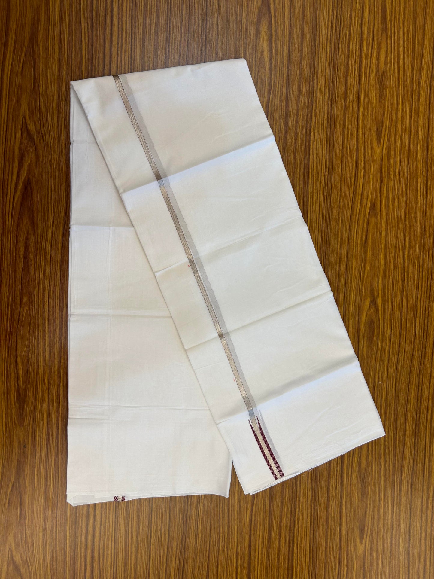 20% Discount! KaithariKada Balaramapuram 100% Cotton Double Pure white Mundu/Dhoti- 100X80 - 0.5 inch Maroon & Silver Kasav Chutty Kara - Between3.80-3.95m (8 muzham) - 34 KK5355 CKS